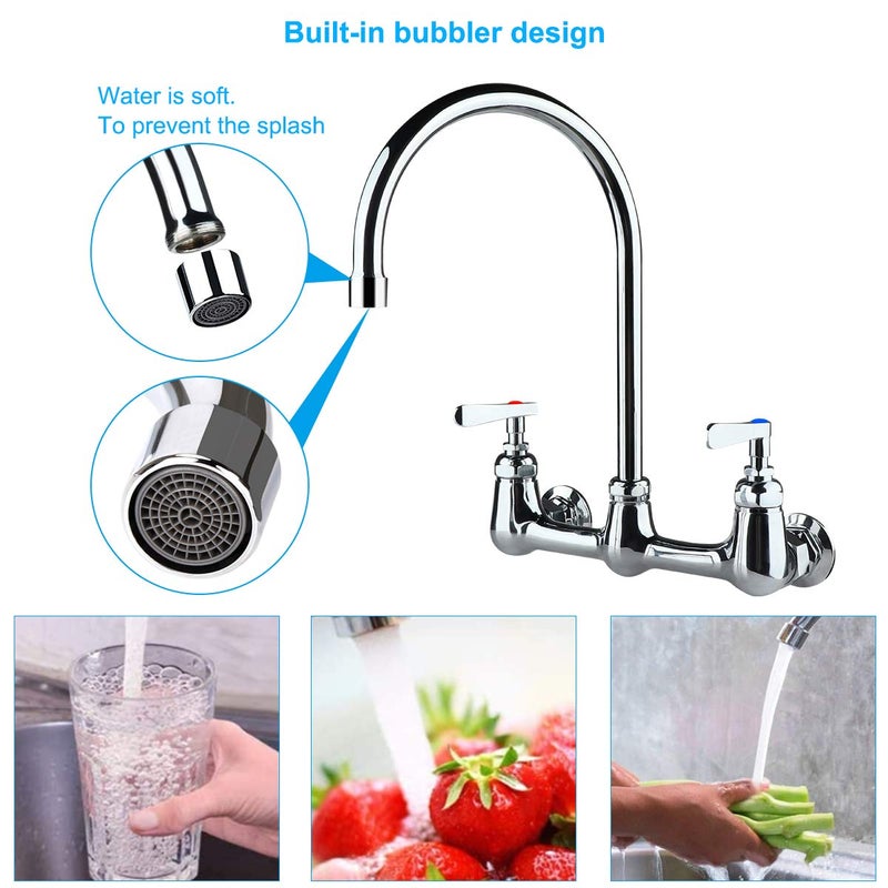 COOLWEST Commercial Wall Mount Faucet 8 Inch Center with 8" Gooseneck Swivel Spout, 2 Handles Heavy Duty Brass Kitchen Sink Faucet, Chrome Finish - Image 4